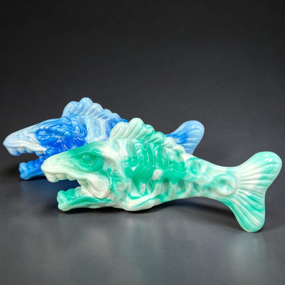 Hand Crafted Resin Fish Skeleton Figurines Blue Green Marbled Art Decor Set of 2